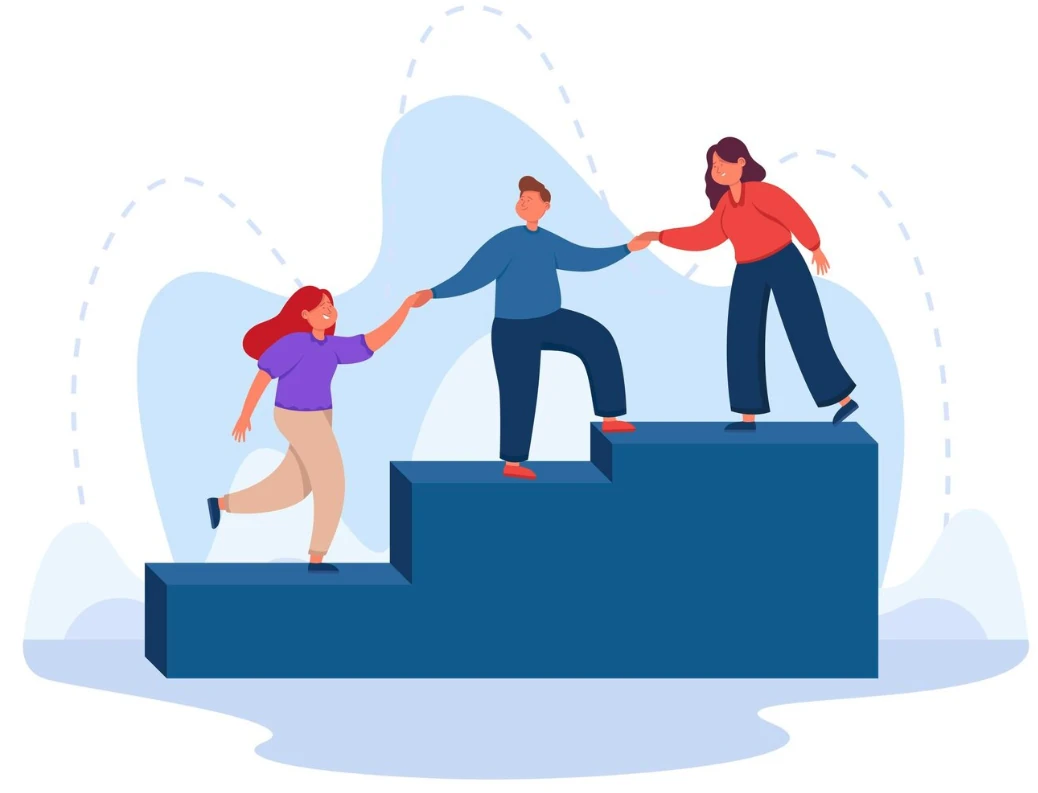 Three people holding hands, helping each climb large stairs