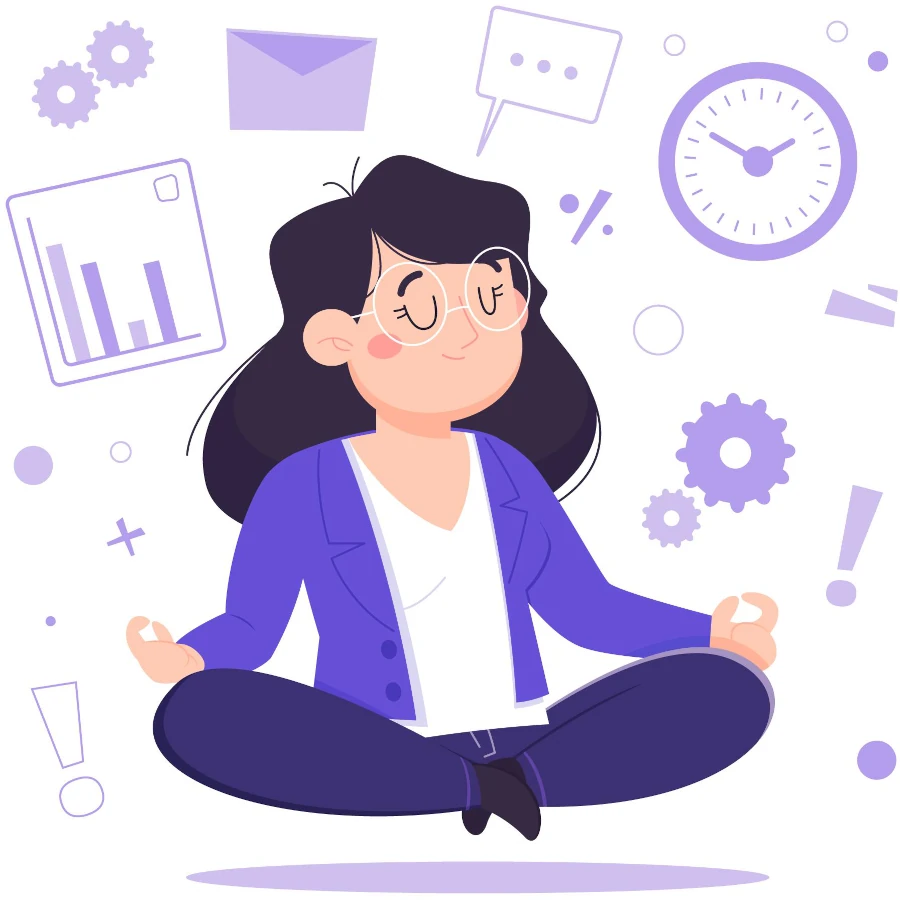 A Mindful Person, Sitting Cross-Legged, In a Yoga Pose, With Workplace Imagery Floating Around Her