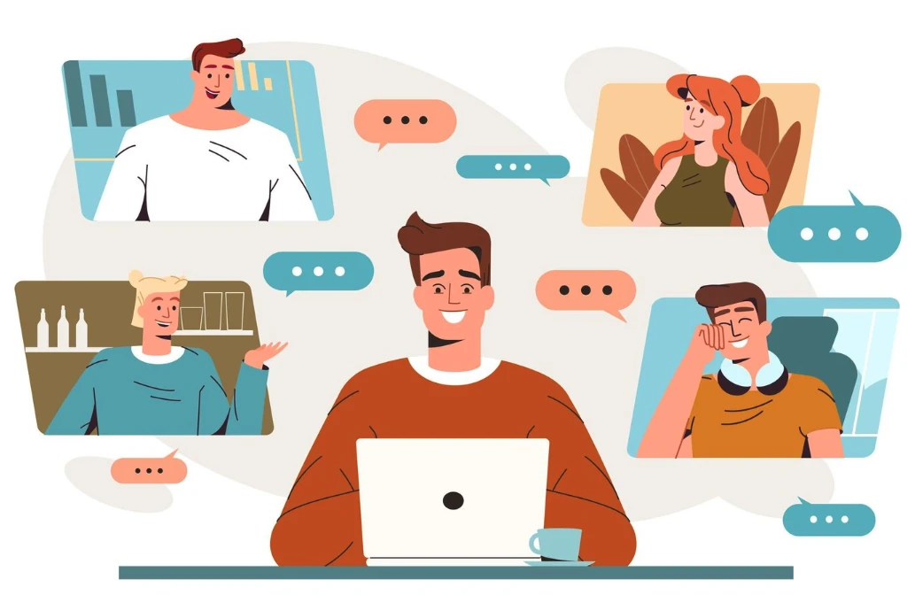A group of people in an online meeting all talking